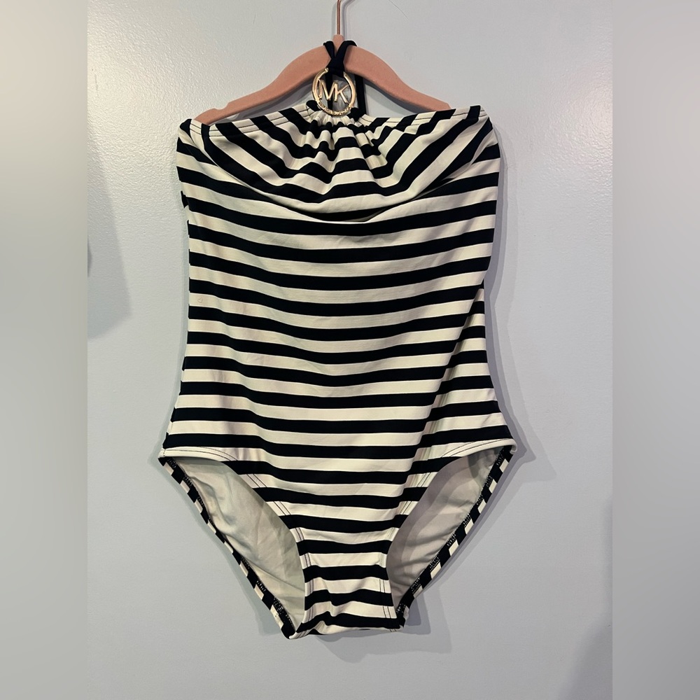 Michael Kors womens small black white stripe one piece swimsuit medallion Sz 6